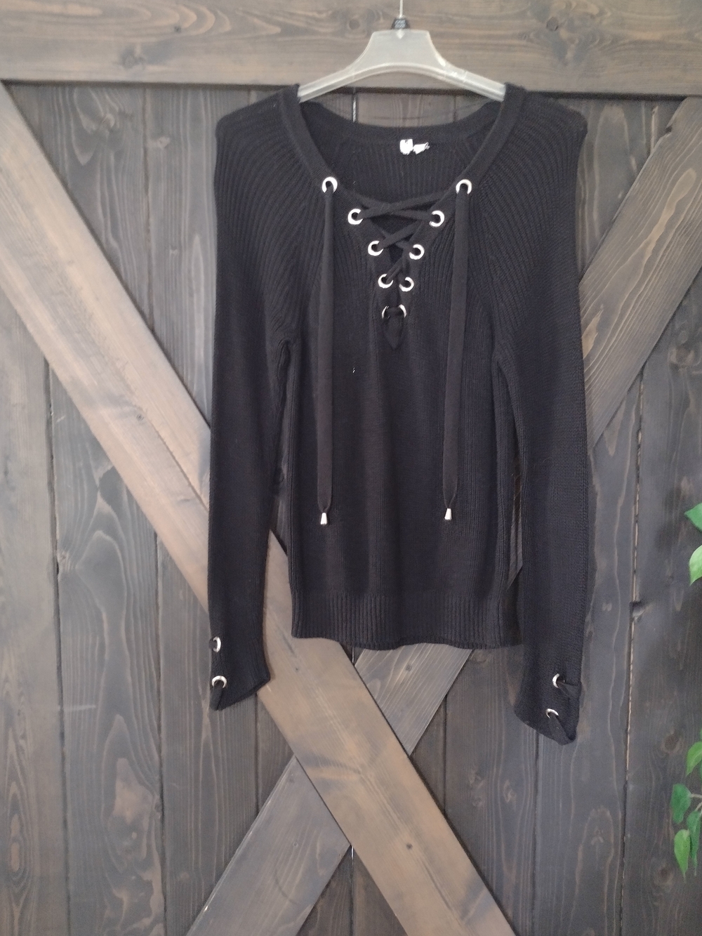 Cable & Gauge Black Lace-Up V-Neck Sweater